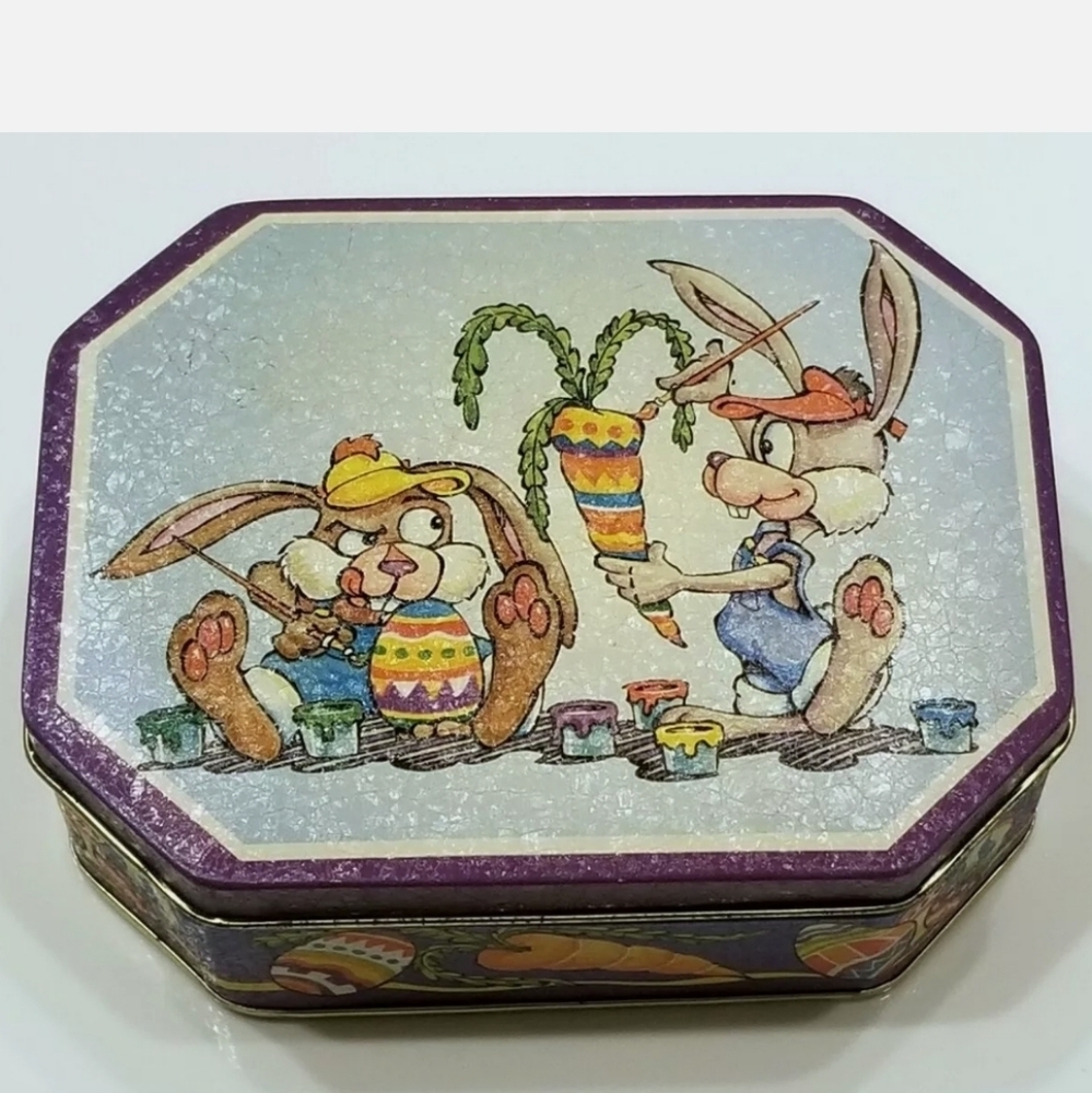 Rare vintage Easter Bunny Rabbit Egg Carrot Metal Tin Storage box